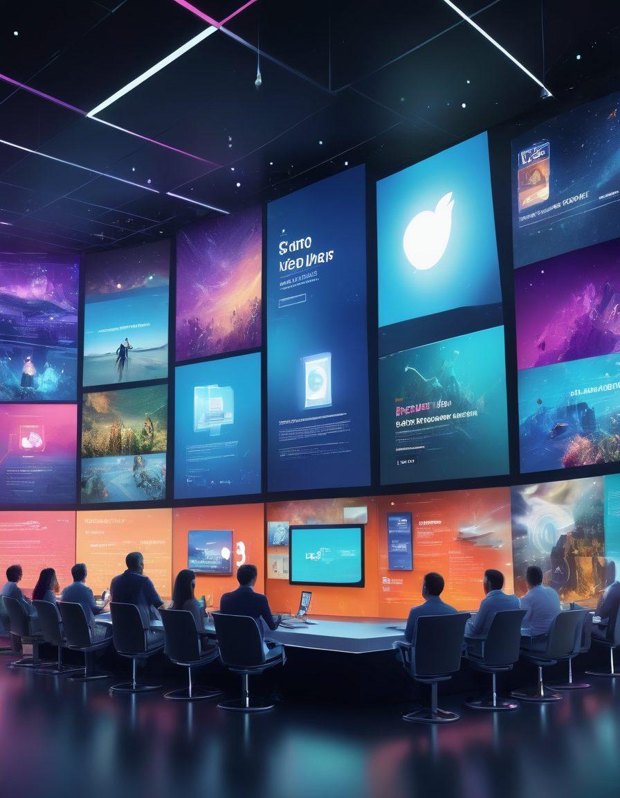 Illustrate a futuristic media landscape with a diverse group of commentators discussing on vibrant screens, displaying dynamic stories in real-time. Incorporate imagery of traditional media transitioning into digital formats, symbolizing evolution. Include elements like social media icons and engagement metrics floating around, showing interaction. Use bright colors to evoke innovation and creativity. super-realistic. vibrant colors. 3D.