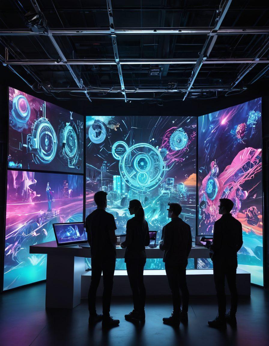A futuristic landscape showcasing a digital storytelling environment, featuring a diverse group of people interacting with holographic screens and vibrant visuals. Include elements like animated characters emerging from the screens and immersive virtual reality experiences. Integrate symbols of technology such as gears, code snippets, and creative tools floating in the air. The scene should evoke a sense of wonder and innovation. cyberpunk. vibrant colors. super-realistic.
