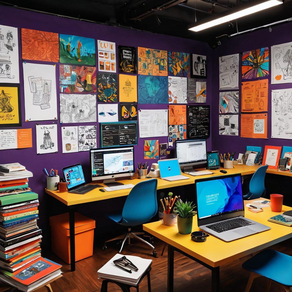 A vivid digital workspace filled with vibrant colors, showcasing a diverse group of creative individuals collaborating on storytelling projects. The scene features laptops, sketchpads, and visual storyboards, surrounded by inspirational quotes and colorful artwork. Each creator embodies different styles and backgrounds, highlighting inclusivity and innovation in digital narrative creation. super-realistic. vibrant colors. 3D.